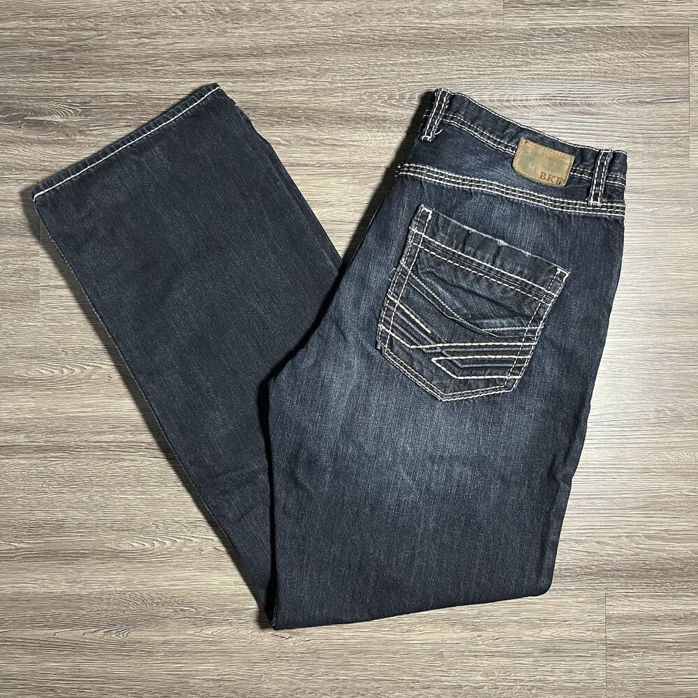 BKE Tyler Straight Jeans Men's 36L Dark Wash Thick Stitch Denim ABM2361 EUC